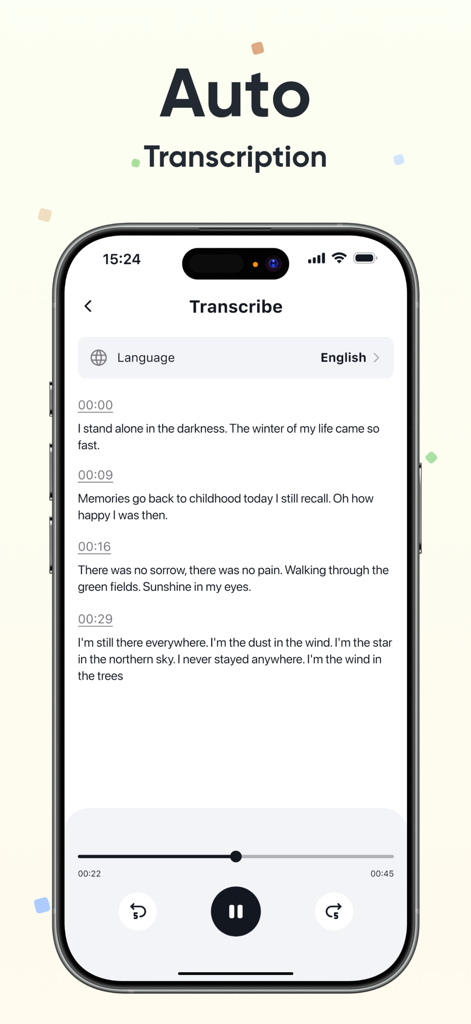 Vocalize - Record & Speak - Vocalize app interface displaying automatic speech to text transcription with timestamps and playback controls