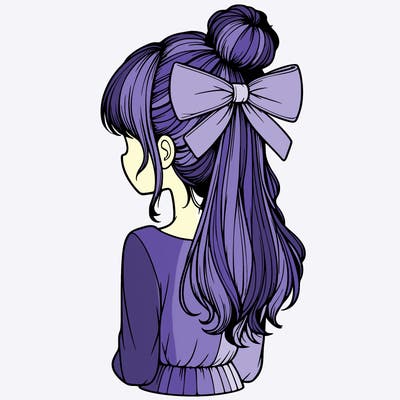 realistic girl  with hip length hair a bun and a big bow on the back of head