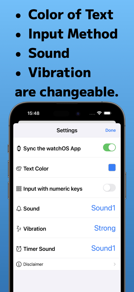 DripRate+ - Pantalla de configuración de la aplicación DripRate plus que muestra opciones de personalización para el color del texto, el sonido y la vibración