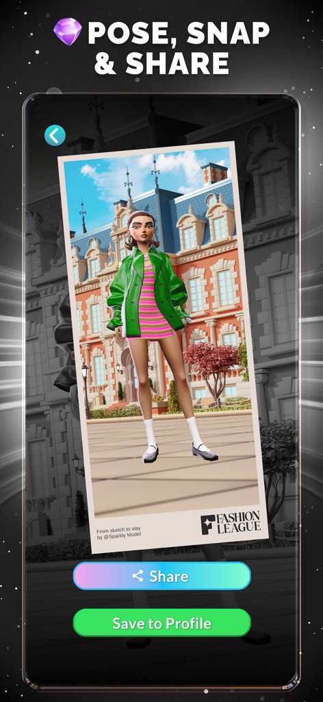 Fashion League: Runway Battles - Avatar 3D in posa con una giacca verde su una cartolina con opzioni di condivisione