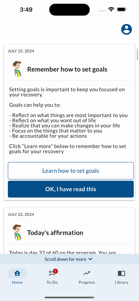 SeamlessMD app screenshot showing a guide on setting recovery goals and a daily affirmation section