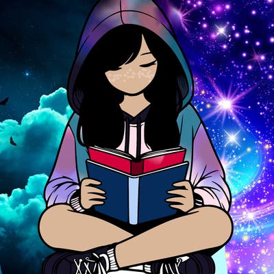 girl sitting down with a hoodie over her head reading a book realistic