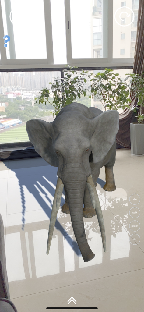 Real AR Zoo - 현대적인 아파트 거실에 서 있는 3D 증강 현실 코끼리