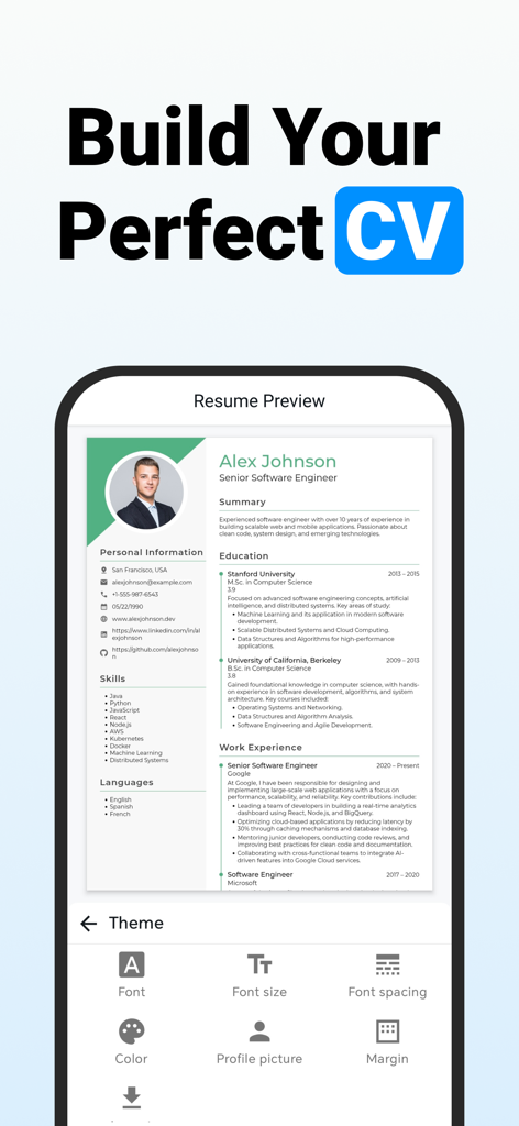 CV Maker, Resume Builder - Aplicación móvil mostrando una plantilla de currículum profesional con opciones de personalización de fuentes y colores