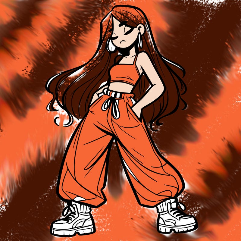 girl in baggy pants crop top and long hair