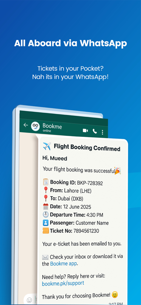 A mobile screen showing a flight booking confirmation message sent via WhatsApp by the Bookme app.
