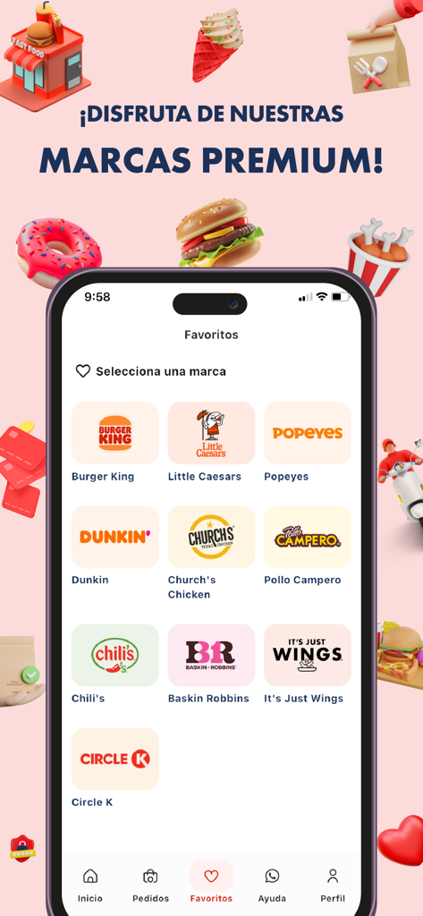 Yuuju - Cada minuto cuenta - Yuuju app screen showing a selection of premium food brands like Burger King, Popeyes, and Dunkin for delivery.