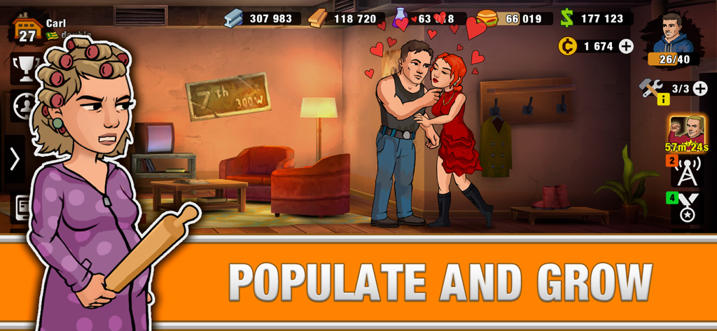 Screenshot in-game di Zero City: Gioco del Rifugio Zombie con abitanti in una stanza con il testo Popola e Cresci