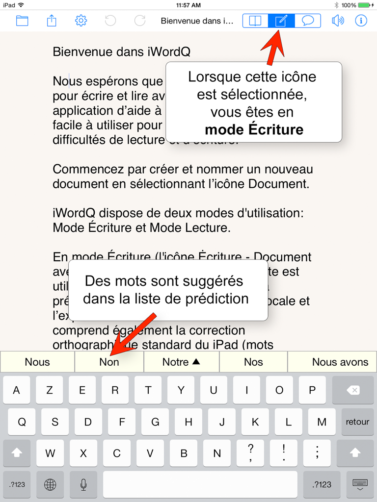 iWordQ EUfr - Interface of the iWordQ EUfr app on iPad showing the French writing mode and word prediction feature above the keyboard.