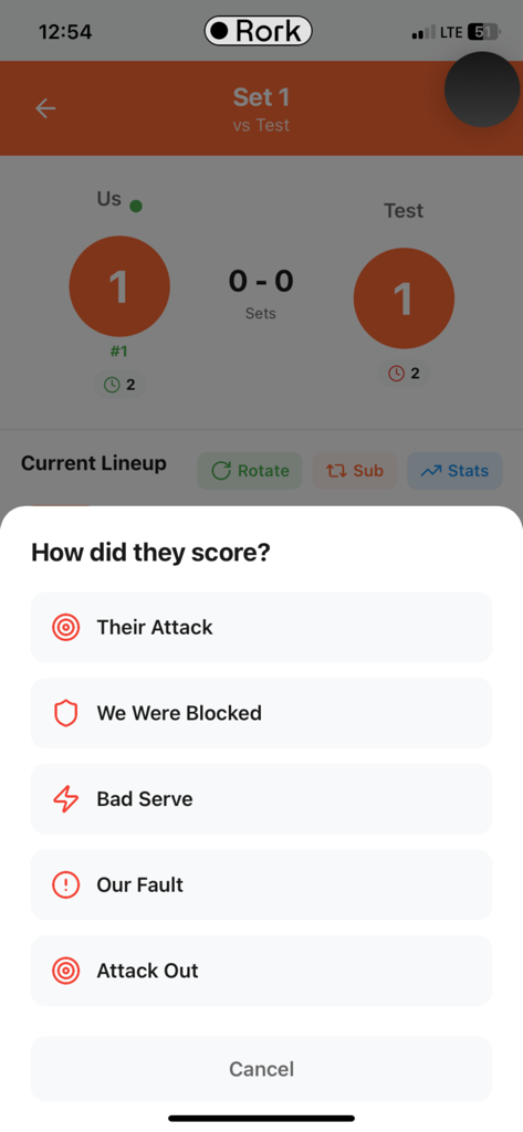 Volleyball Stats Tracker Pro - A volleyball statistics tracking app interface showing a popup menu to select how a point was scored during a match.