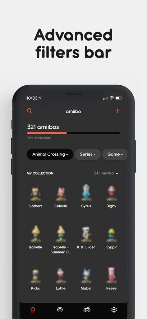 Ally – Collect and Backup - Ally app interface displaying an amiibo collection with advanced filtering options in dark mode