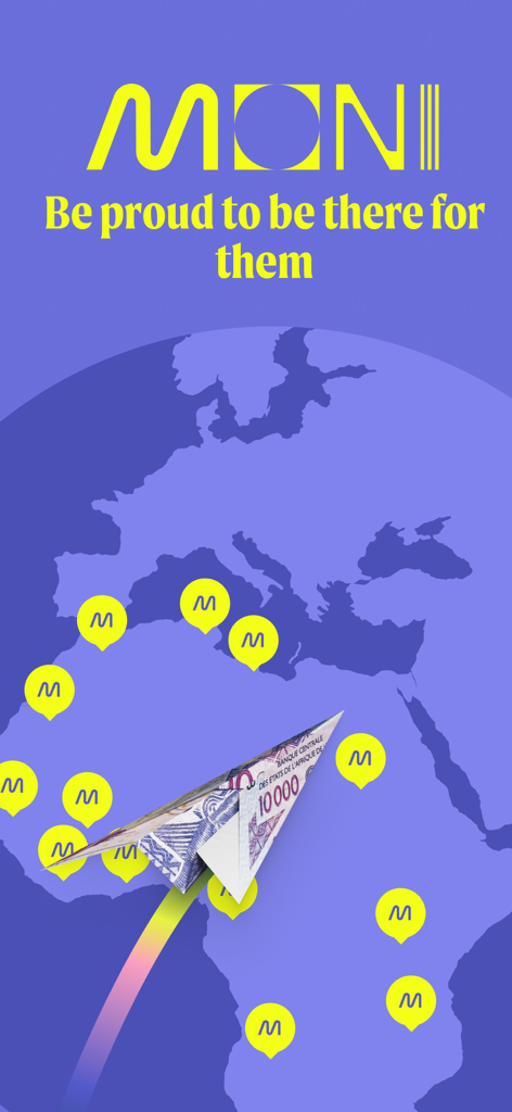 MONI | Mobile & Prepaid topups - Gráfico de la aplicación MONI que muestra un avión de papel con un billete volando sobre un mapa de África con el lema 'Siéntete orgulloso de estar ahí para ellos'