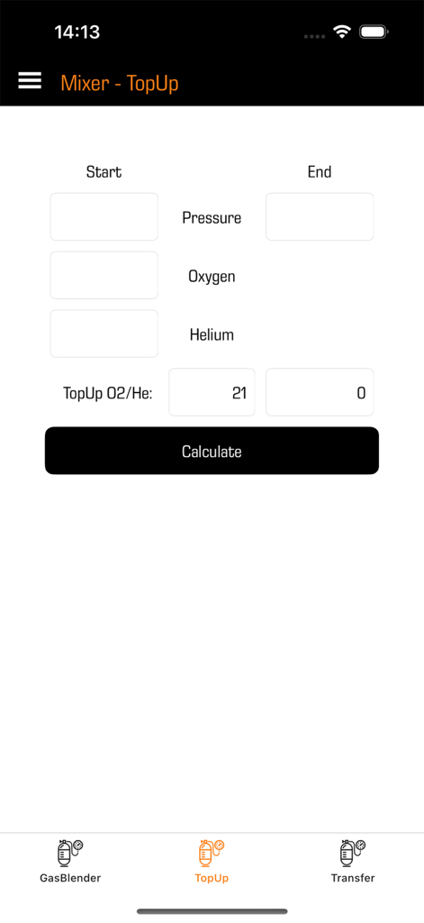 Scuba Gas Calculator - Scuba Gas Calculator app interface for technical diving top-up gas blending calculations