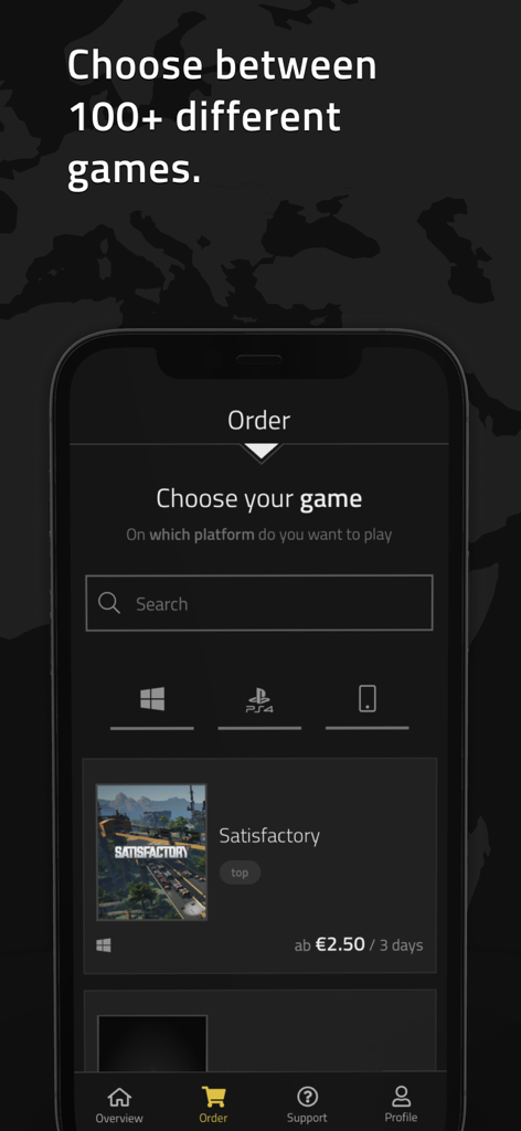 Interfaz de la aplicación Nitrado que muestra el menú de selección de juegos para solicitar un nuevo servidor de más de 100 títulos diferentes