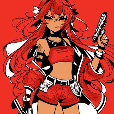 bad girl wearing crop top holding a gun long hair anime