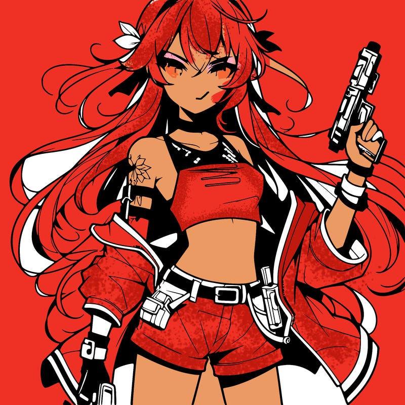 bad girl wearing crop top holding a gun long hair anime