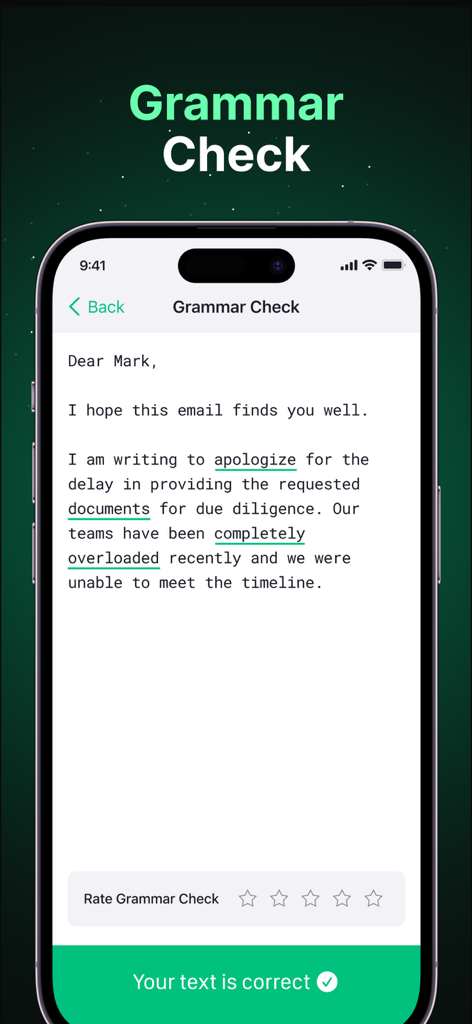 Friday AI Email Writer - Mobile app interface of Friday AI showing a grammar check feature on a professional email draft