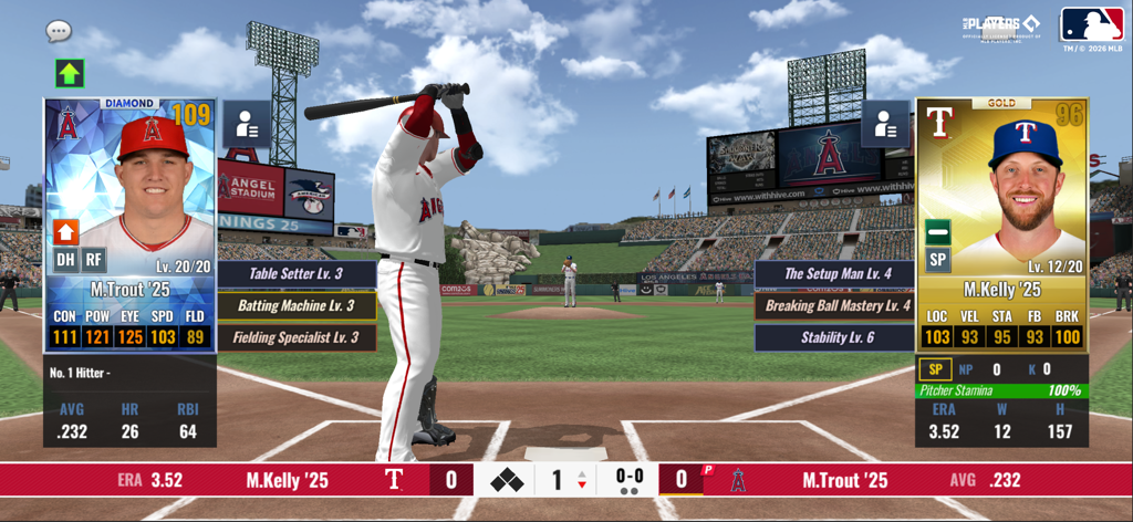 A 3D baseball game screen in MLB 9 Innings 26 showing a batter at the plate and player statistics