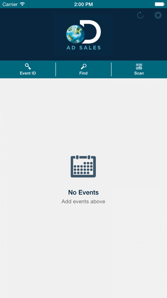 Discovery Events 2.0 - Home screen of the Discovery Events 2.0 app for media partners featuring event search and scan tools.