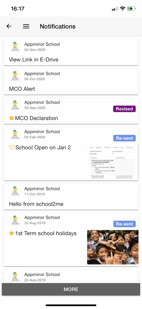 School2me - A list of notifications and alerts from a school within the School2me mobile application.