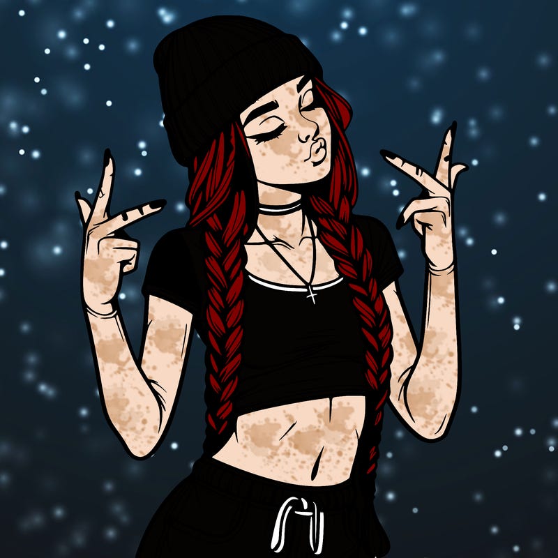 realistic teenage girl with braids and a beanie and crop top doing 🫶🏼