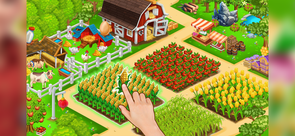 Gameplay of Farm Day Village showing a hand harvesting corn in a colorful farm with a red barn and animals