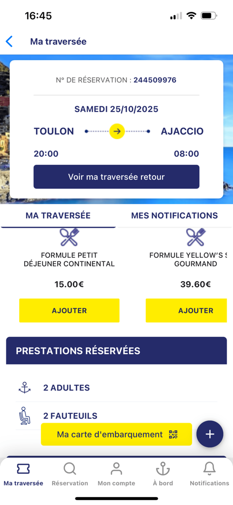 Corsica Ferries - Corsica Ferries app screen displaying trip details from Toulon to Ajaccio including reservation number and digital boarding pass access.