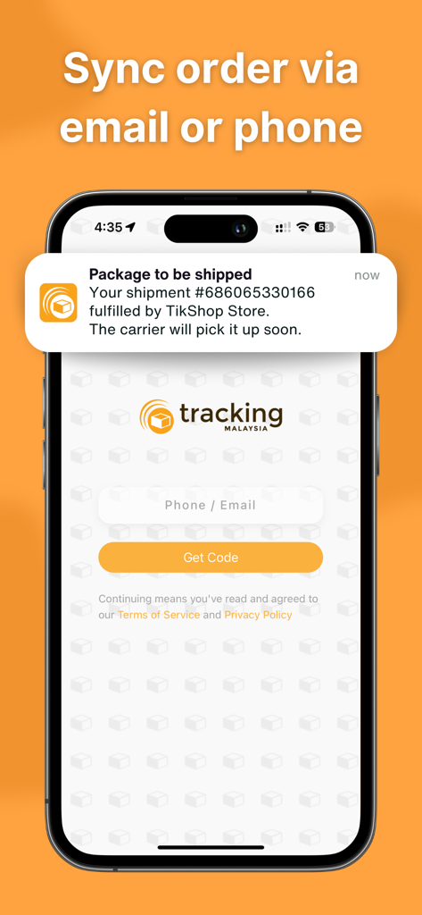 Tracking.my - Package Tracker - Tela do smartphone mostrando como sincronizar pedidos por e-mail ou telefone no aplicativo Tracking.my