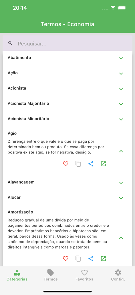 A list of economic technical terms and their definitions in the Termos Tecnicos mobile app.