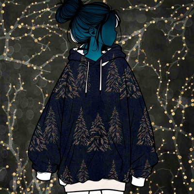 realistic girl with a oversized sweatshirt on and a bun