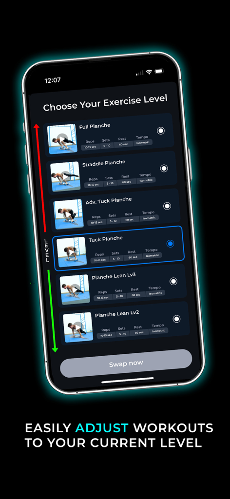 Saturno Movement - A screen from the Saturno Movement app allowing users to choose their exercise level for planche progressions.