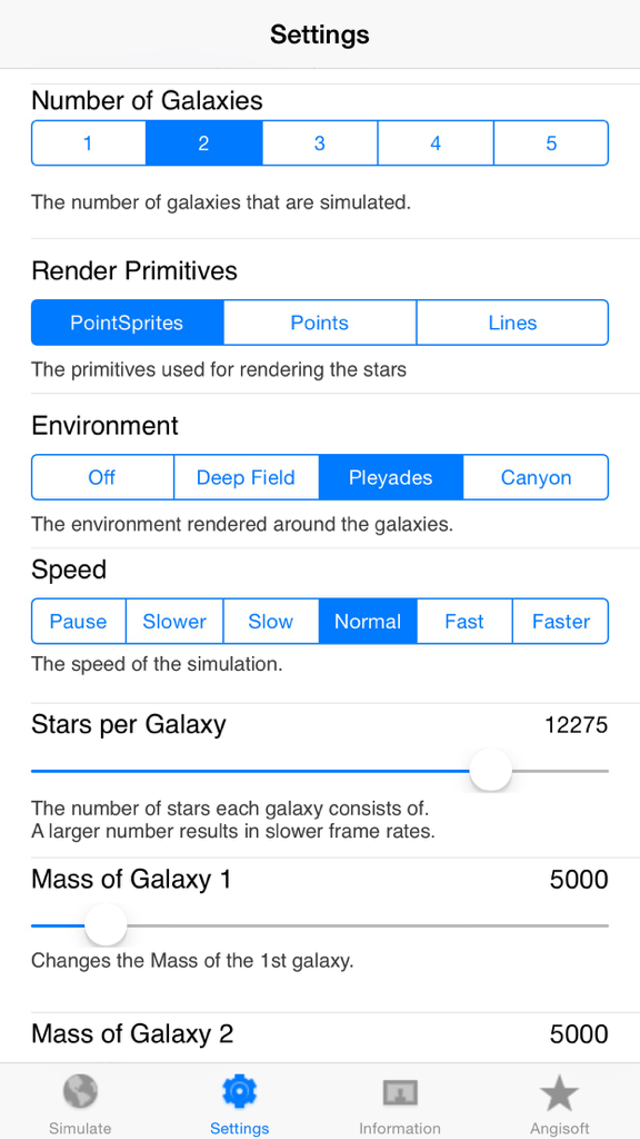 Galaxy Collider - Settings screen for Galaxy Collider simulation showing physics parameters and rendering options