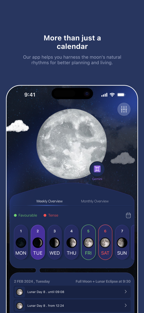 Interface de l'application Moon Days Calendar affichant les phases lunaires et un aperçu hebdomadaire pour la planification de la productivité.