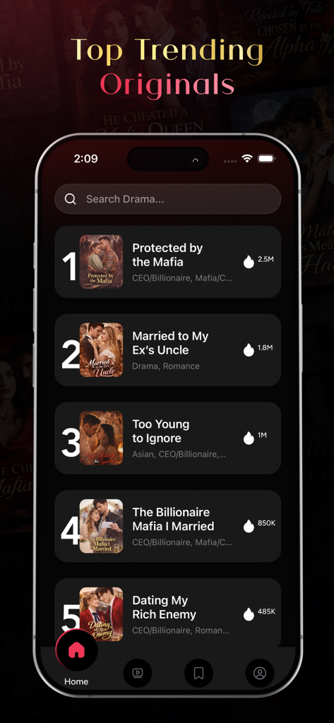 DramaShorts - Short Drama Hub - Tela do celular mostrando a lista das principais séries originais de drama curtas em alta no aplicativo DramaShorts.