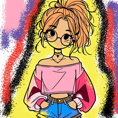 girl with a messy ponytail glasses a baggy crop top and jean shorts