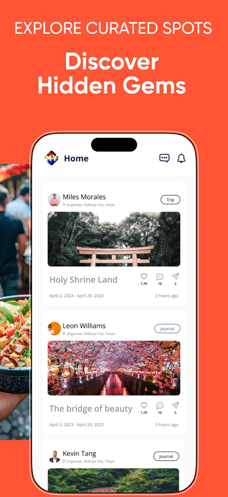 Smartphone interface of the ALLMYNE app home screen showing travel journals and a feed of hidden gems like shrines and bridges