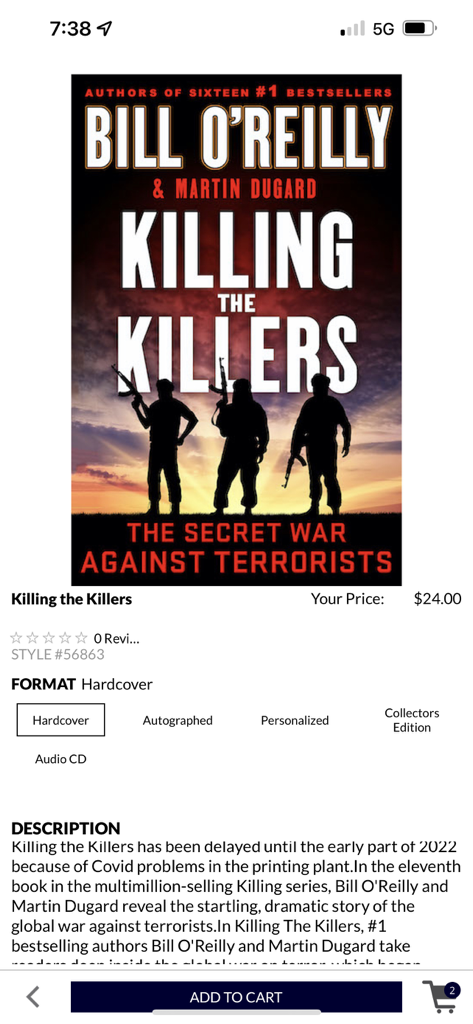 Une page produit dans l'application Bill O'Reilly pour le livre Killing the Killers montrant le prix et les options de couverture rigide.