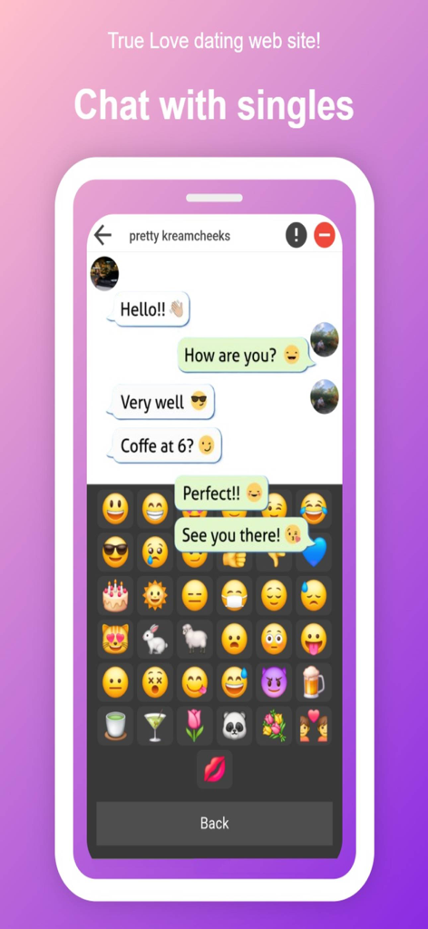 Chat interface of the True Love dating app featuring a conversation and an emoji keyboard
