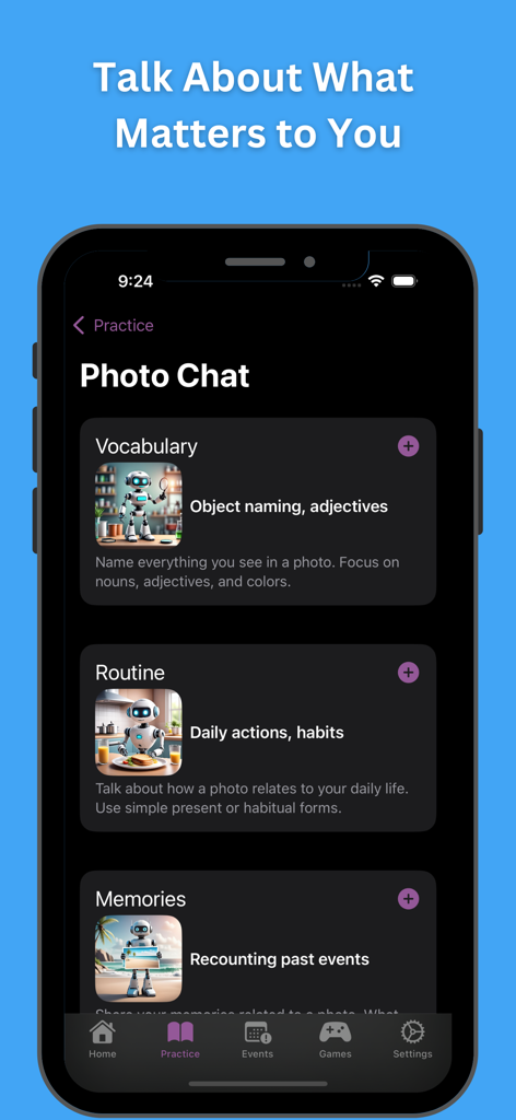 iPolyglot: Learn Language AI - A screenshot of the iPolyglot app showing the Photo Chat practice interface with options for vocabulary object naming, daily routine actions, and recounting past memories.