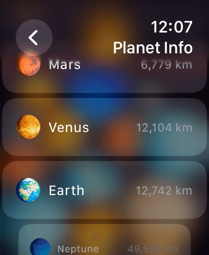 Merge Sun Master for watch - Apple Watch screen showing planet information for Mars Venus and Earth with their diameters