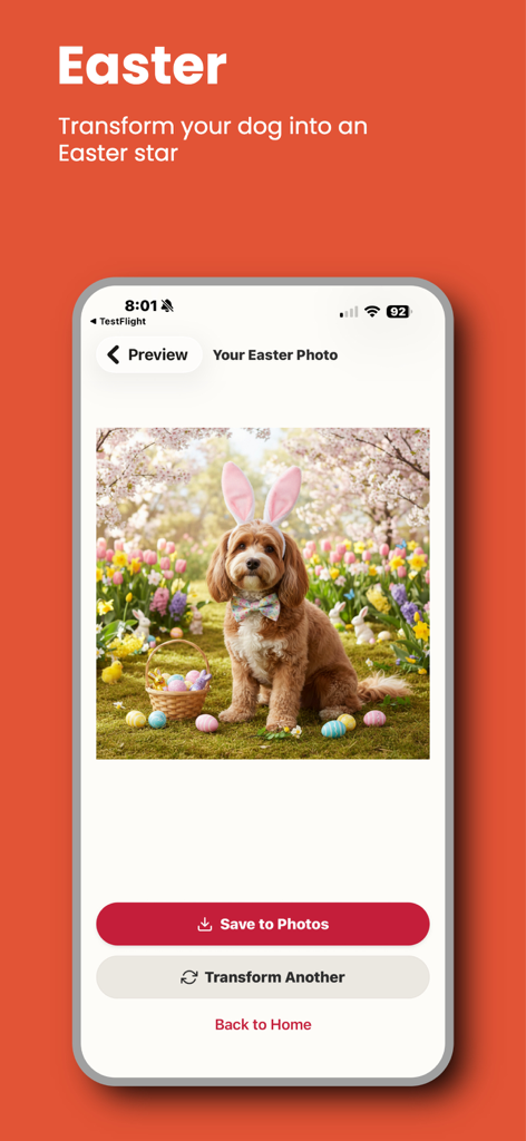 Easter Paws AI - App-Bildschirm auf einem Mobiltelefon, der einen Hund mit KI-generierten Hasenohren in einem festlichen Ostern-Garten zeigt