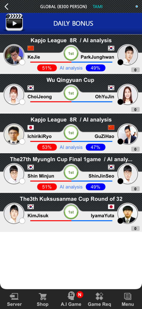 Tygem Go Pro - Tygem Go Pro app interface showing a list of professional Go matches with AI win rate analysis
