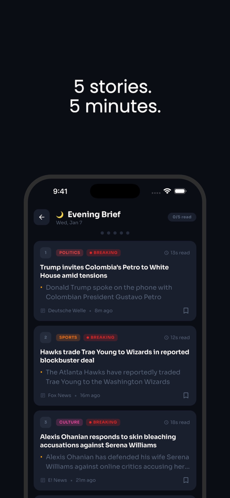Briefly: News in Seconds - Screenshot of the Briefly app showing the Evening Brief interface with summarized news stories across politics sports and culture.