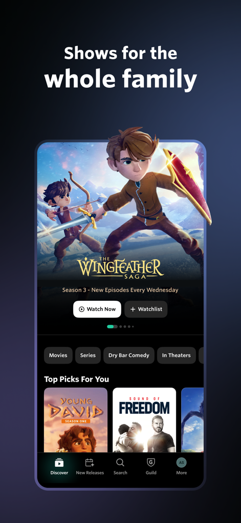 Angel: Stream TV & Movies - Interfaz de la aplicación móvil de Angel Studios que muestra contenido familiar, incluyendo The Wingfeather Saga y Sound of Freedom.