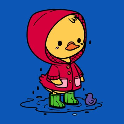 baby duck in a rain coat and boots, in a puddle while it’s raining