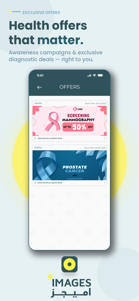 My ImagesDC - Interfaz de la aplicación My ImagesDC que muestra ofertas exclusivas de salud para mamografías y exámenes de detección de cáncer de próstata