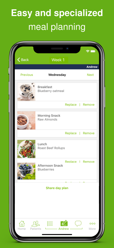 Nourishly for Clinicians app interface showing a patient's specialized daily meal plan with breakfast, snacks, and lunch options.