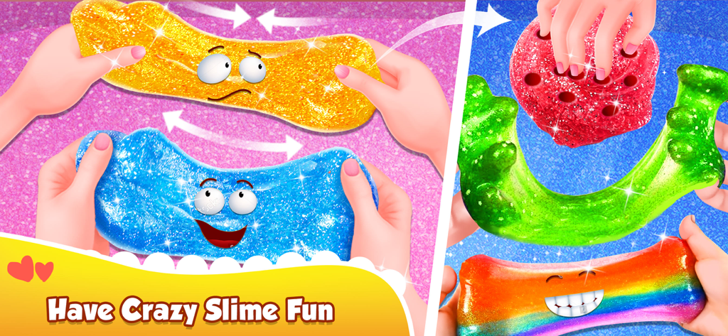 Glitter Slime Maker - Hands stretching and playing with colorful glittery slimes with cute faces