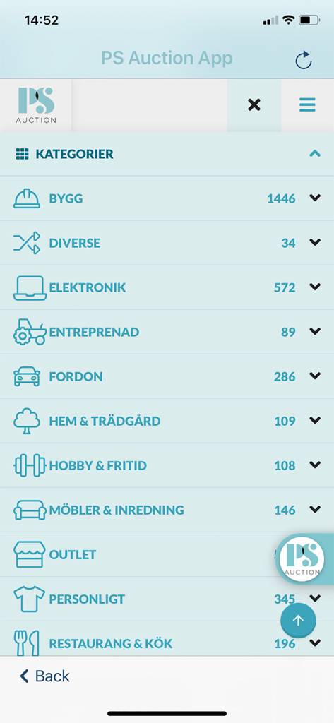 PS Auction App - PS Auction App mobile screen showing industrial and commercial auction categories with item counts