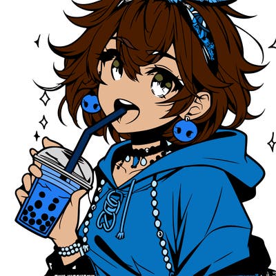 hot baddie anime girl drinking boba and biting the straw
